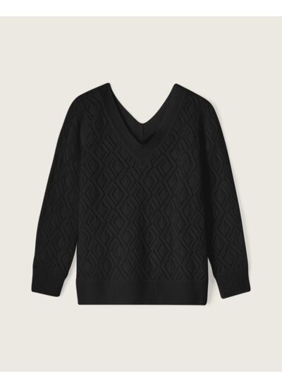 Pull V dos pointelle  - Femme - NOIR