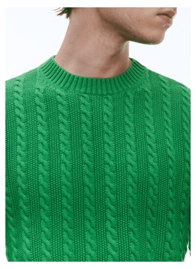 Pull à torsades vert en laine et coton