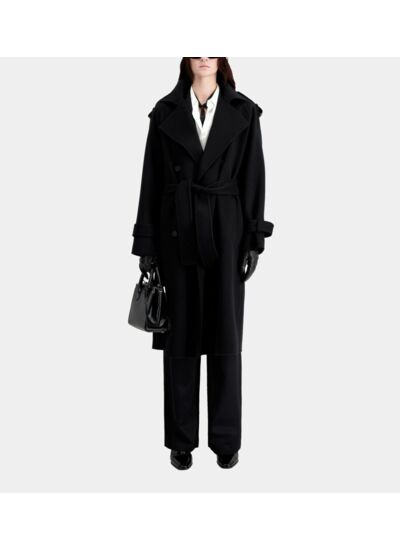 Manteau Long Noir En Laine Mélangée Femme